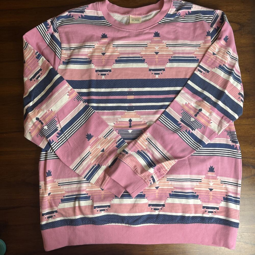 Blair Size Large Pink Blue Cream Aztec Striped Crewneck Sweatshirt Western Girl